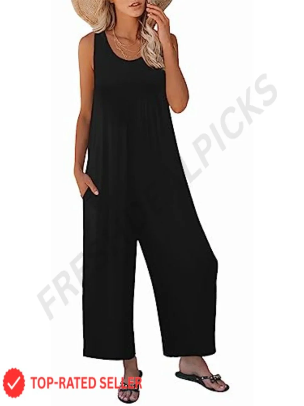 Women's Casual Loose Tank Jumpsuit Sleeveless Crewneck Wide Leg Romper with